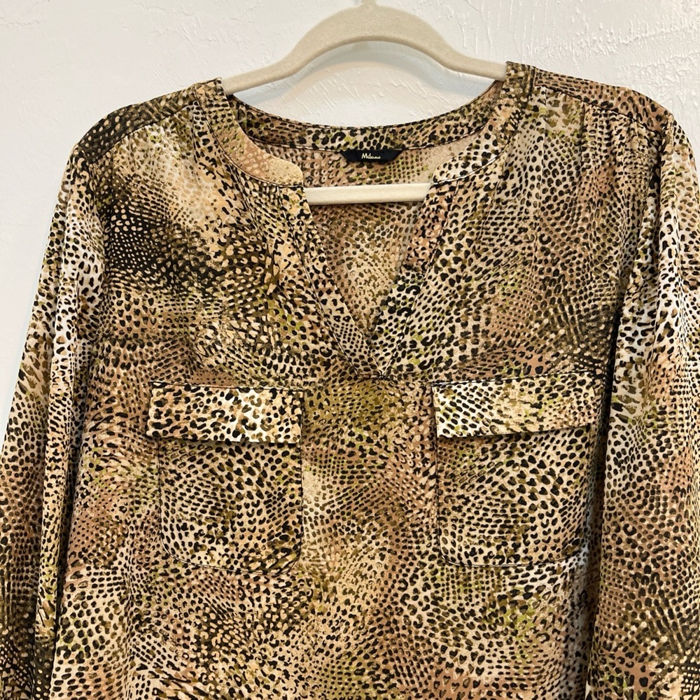 Milano women’s Sheer Animal Print Button Up Polyester Blouse Women’s Size Medium